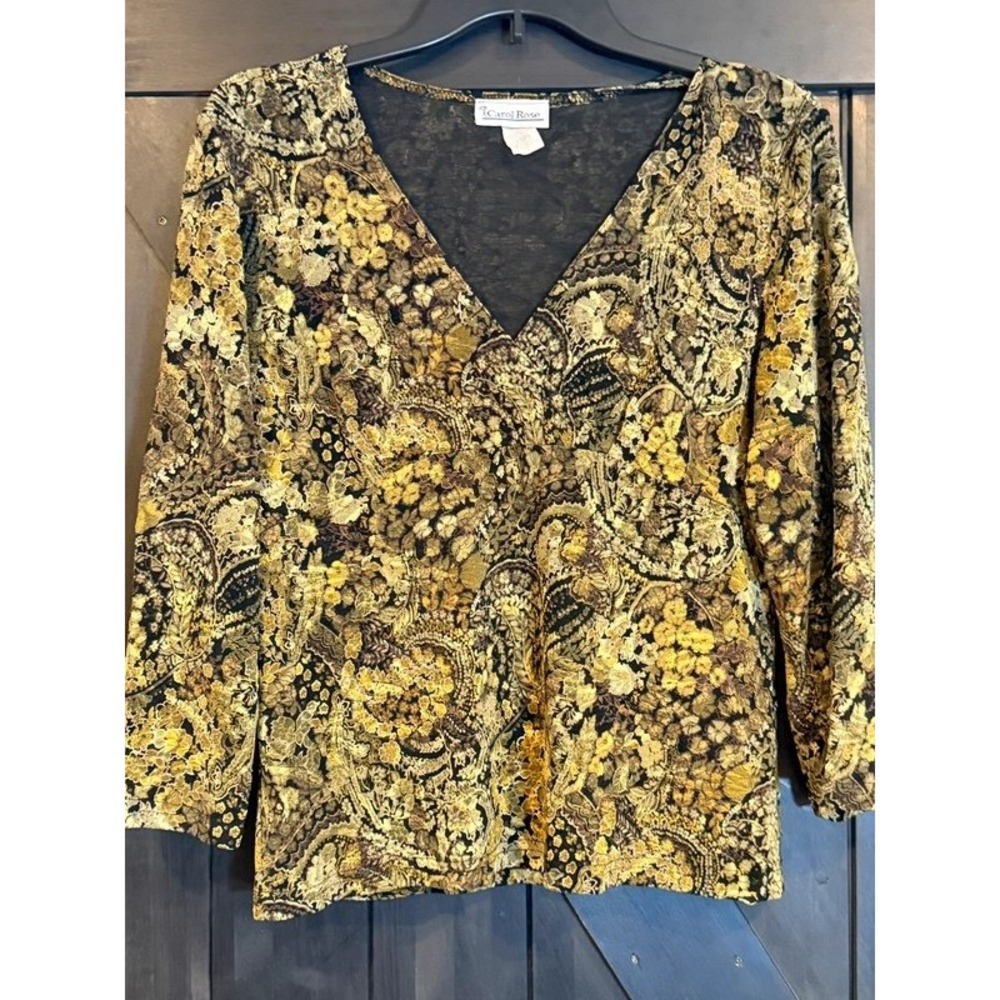 Carol Rose Metallic Gold Paisley Floral V-Neck Top Long Sleeve Large USA Made